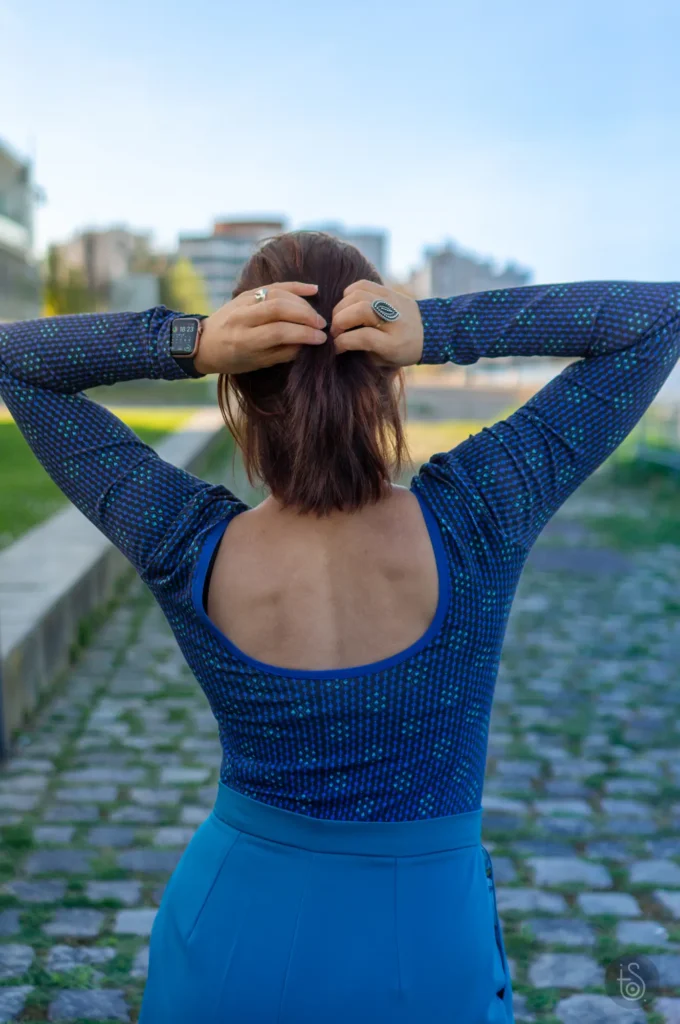 Dos danseuse du body Picnic avec ouverture à l'entrejambe, cousu main