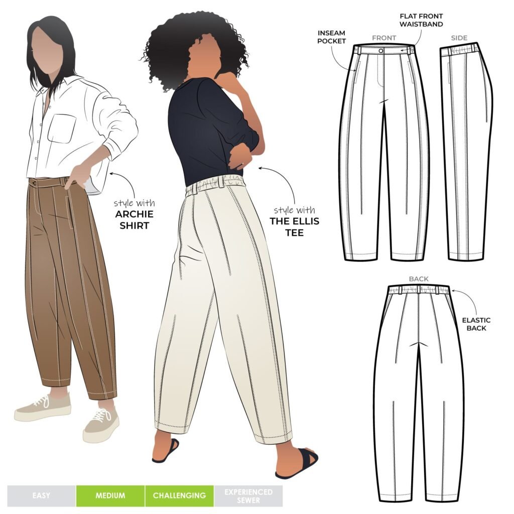 Schéma technique du pantalon Twig Woven Pant de Style Arc, vues de face et de dos : braguette boutonnée, élastique au dos, plis nervures et empiècement côté