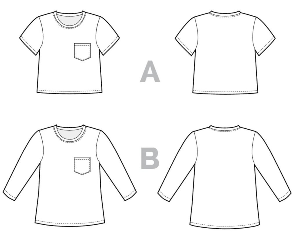 Schéma technique du patron t-shirt Core : version A semi-courte à manches courtes et version B aux hanches à manches 3/4